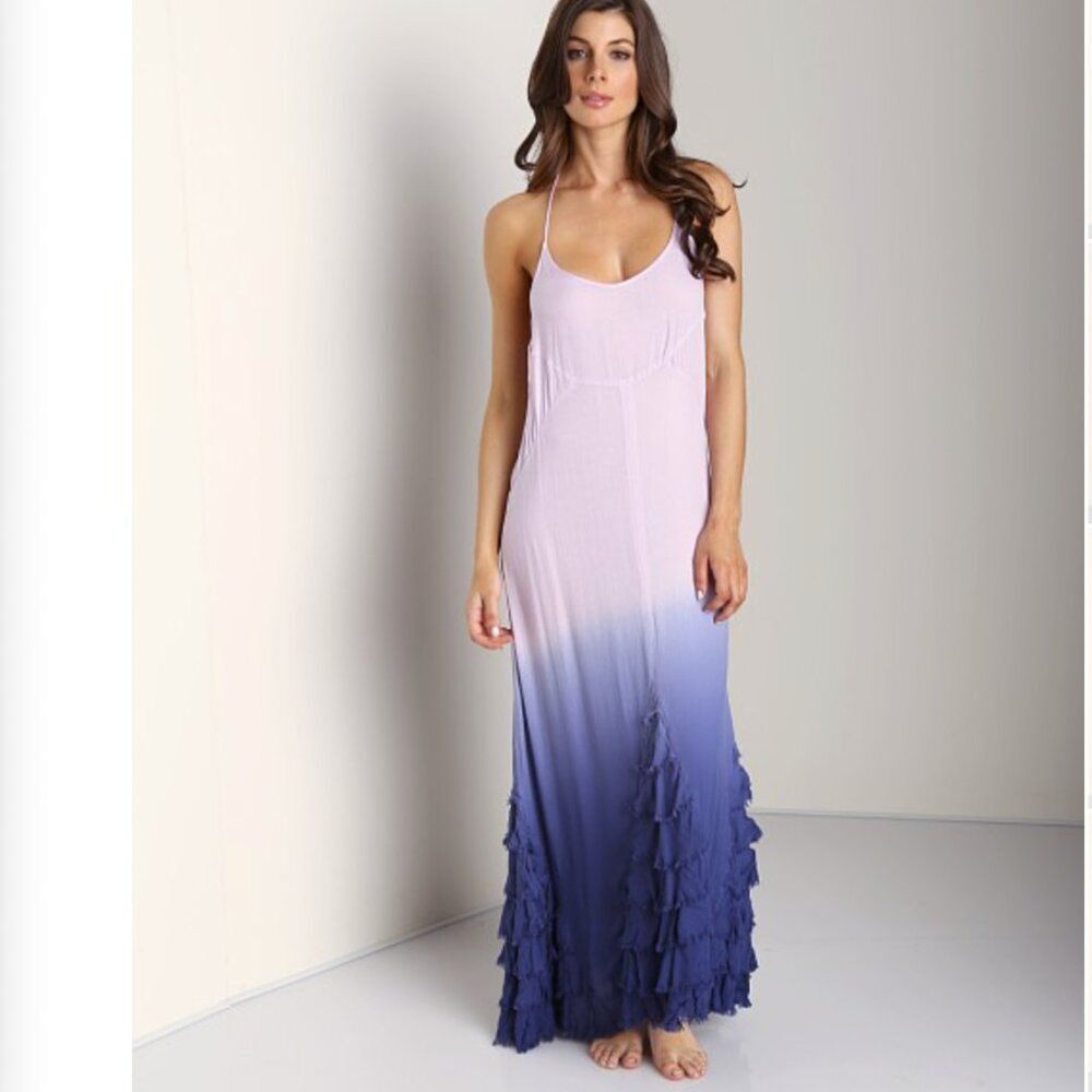 Free People XS Hazy Days Maxi Slip Dress Ombre Sexy Purple Boho Ruffle Coquette